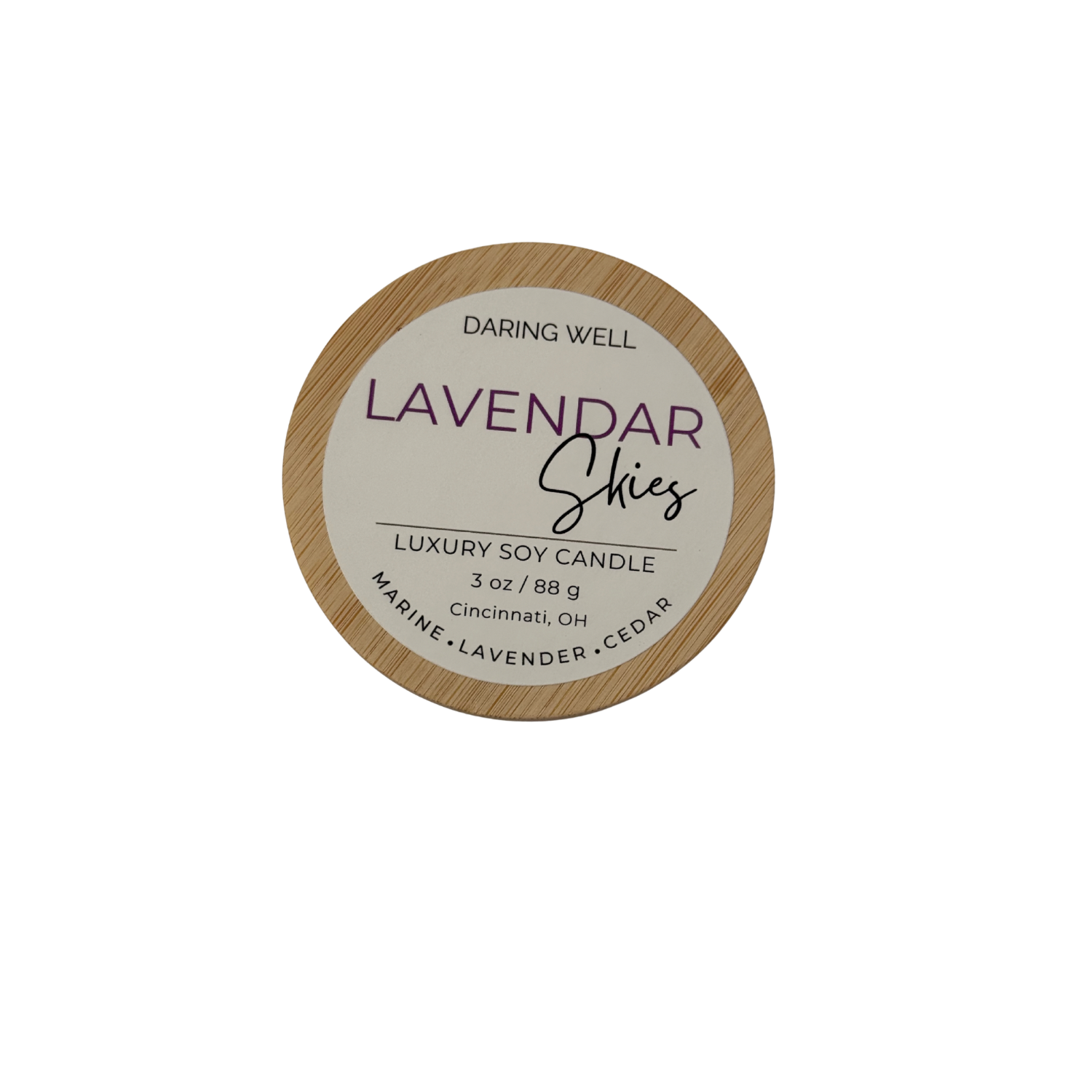 Lavender Skies – 100% Soy Wax Candle with Bamboo Lid (Small, 88 g)