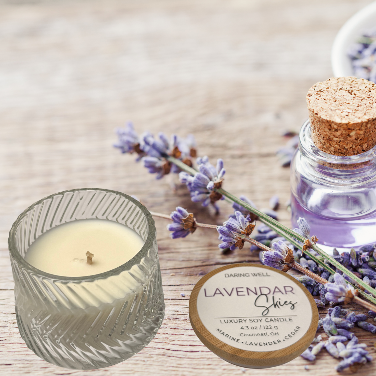 Lavender Skies – 100% Soy Wax Candle with Bamboo Lid (Medium, 122 g)