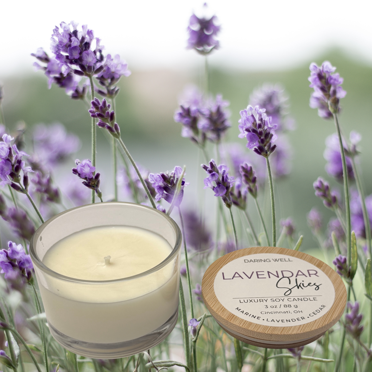 Lavender Skies – 100% Soy Wax Candle with Bamboo Lid (Small, 88 g)